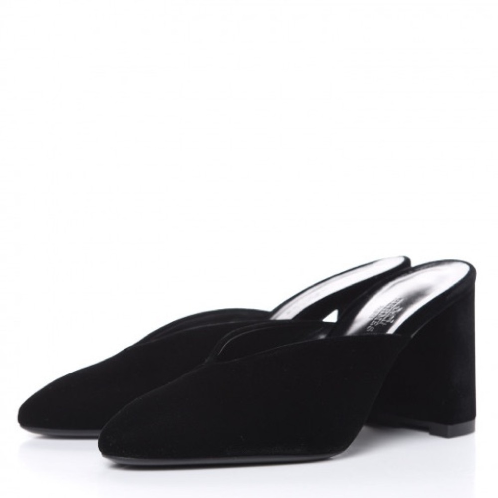 Hermes Black Mules Sleek Suede Block Heel
